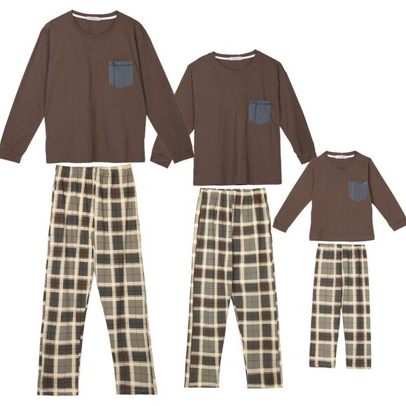 Kids' Sleepwear Long Sleeve with Pants Plaid Pajama Sets Brown - Picture 1 of 4